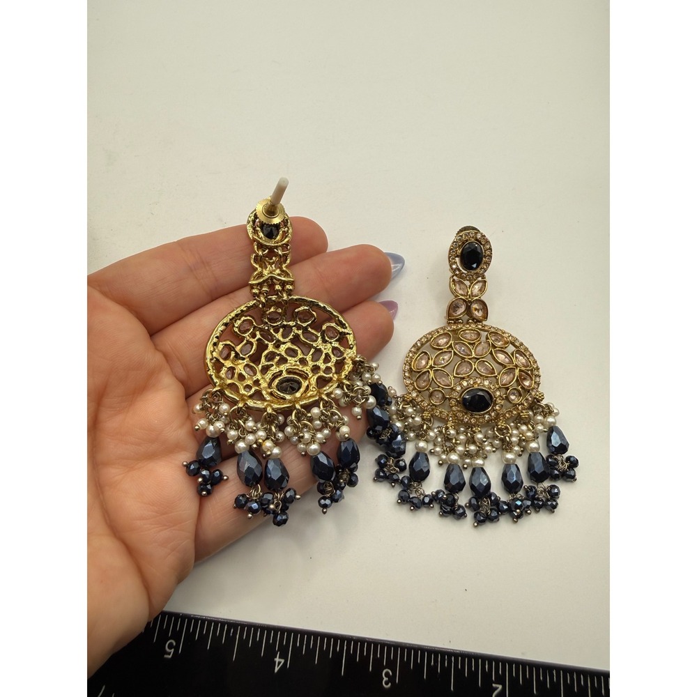 Gold Tone Chandelier Earrings Stone Navy Blue‎ Crystal Pearl Statement Dangle